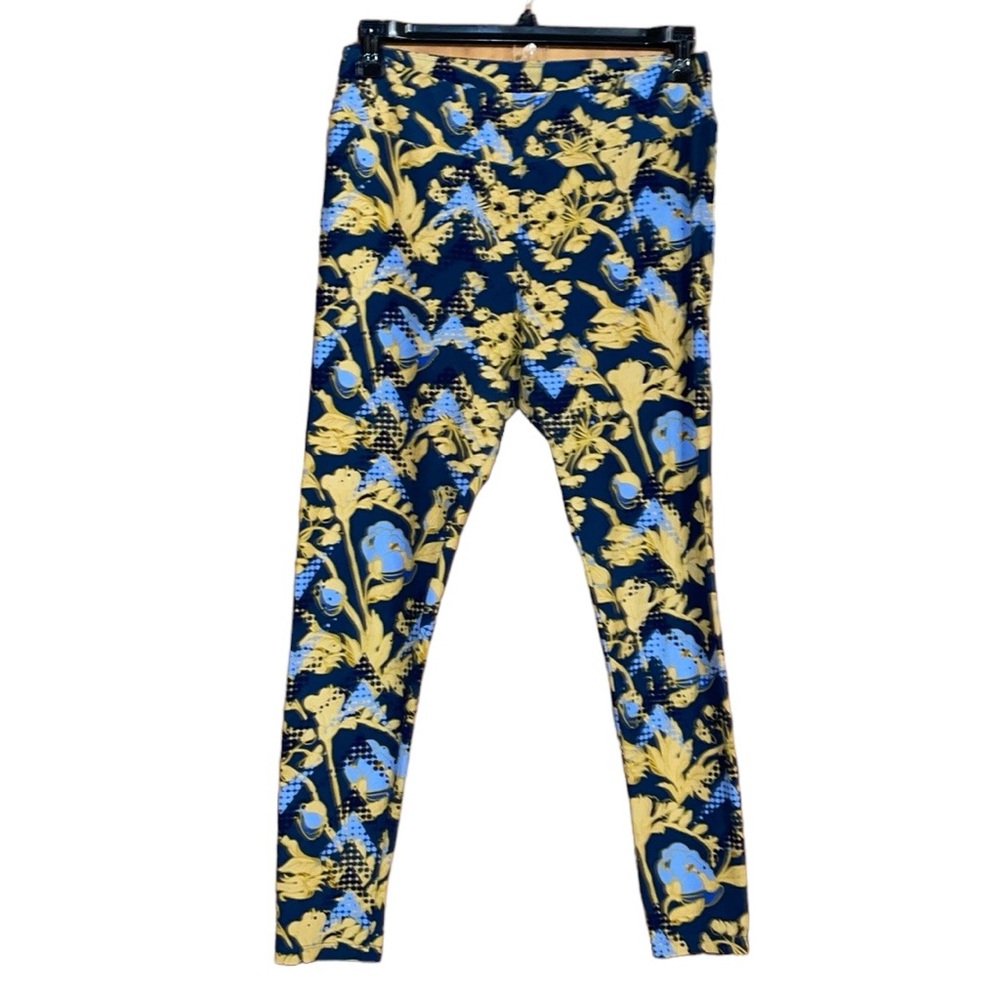 •LULAROE•BLUE & YELLOW BOHO ABSTRACT FLORAL TALL & CURVY LEGGINGS EUC